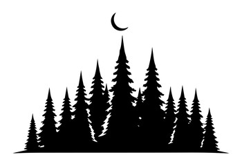 Obraz premium conifer forest with crescent moon black vector shape