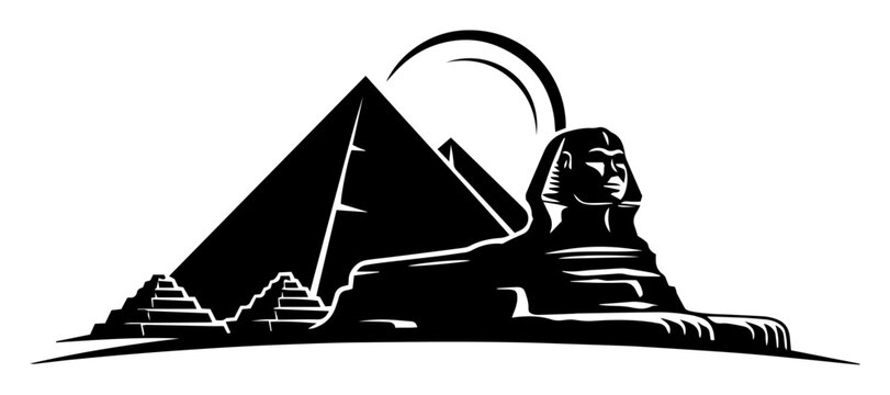 sphinx and pyramids at sunset black vector shape