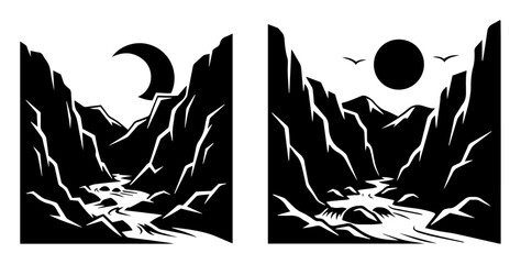 river valley between mountains silhouette vector engraving black shape