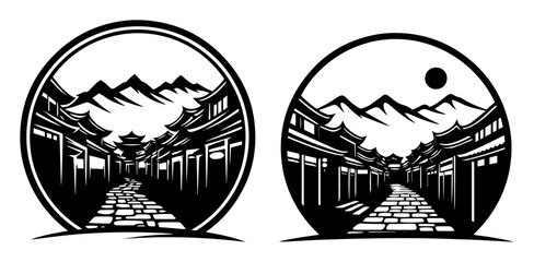 chinese old town with mountains silhouette vector engraving black shape