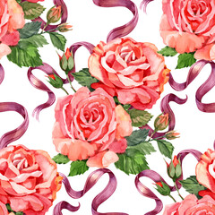 Roses and pink ribbons seamless pattern, watercolor. Hand drawn vintage style illustration. Wedding cards, wrapping paper, textile, fabric, covers, banners.
