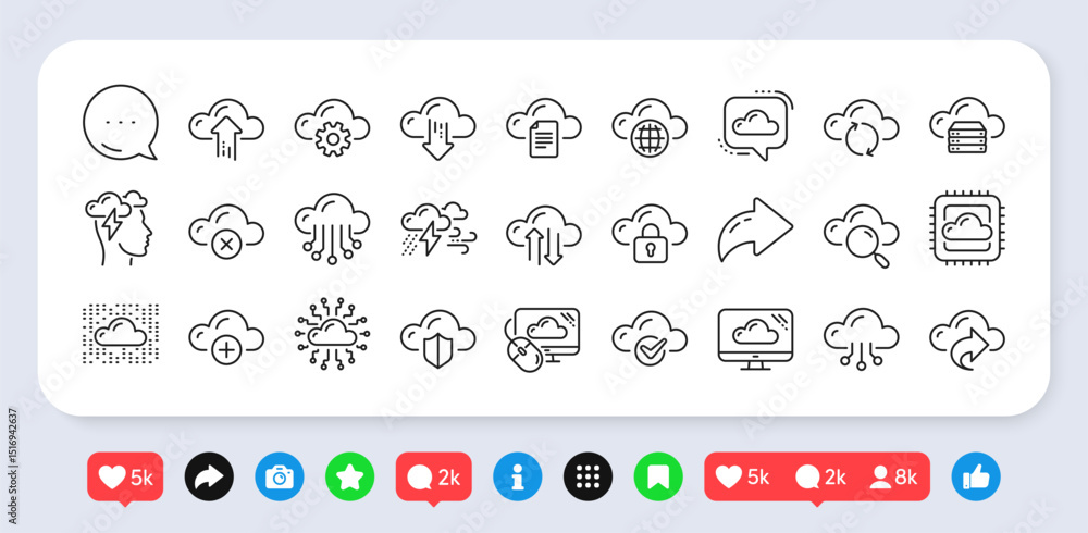 Poster cloud data line icons. social media: share, comment, like icons. set of hosting, computing data and 