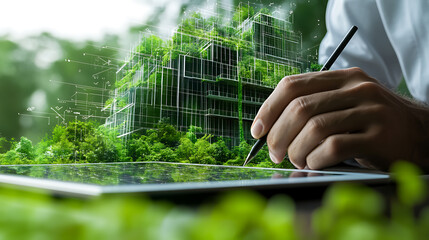 Hand drawing on tablet with digital overlay of sustainable building design amidst greenery