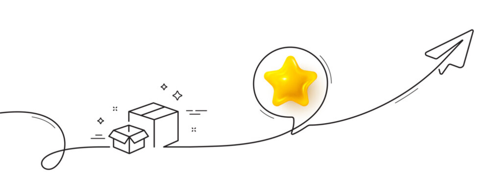 Fototapeta Packing boxes line icon. Continuous line with share plane. Delivery parcel sign. Cargo box symbol. 3d star in speech bubble. Packing boxes single line ribbon. Loop curve pattern. Vector