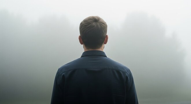 Back View of Man Lost in Mist: Mental Fog, Stress, and Indecision