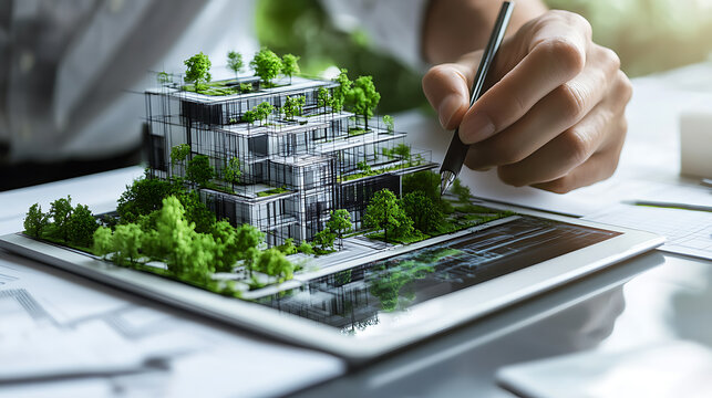 Architect designing a sustainable building model on a digital tablet