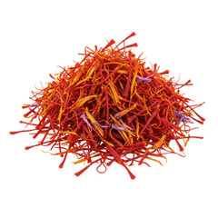 Fototapeta premium Close up shot of a pile of red and orange saffron threads on white background