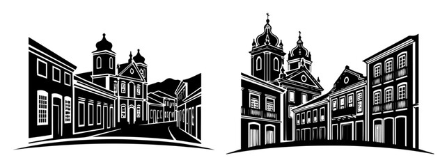 Obraz premium colonial brazil street architecture black silhouette laser cutting and engraving vector shape