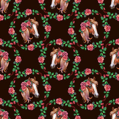 Horses and roses seamless pattern. Brown horses have a flower wreath. Illustration. Watercolor. Colorful handmade