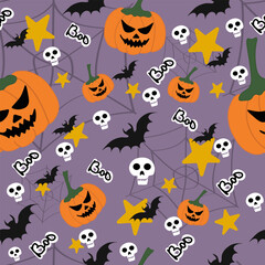 Pastel purple Halloween seamless pattern with pumpkins, skulls, bats and Boo text