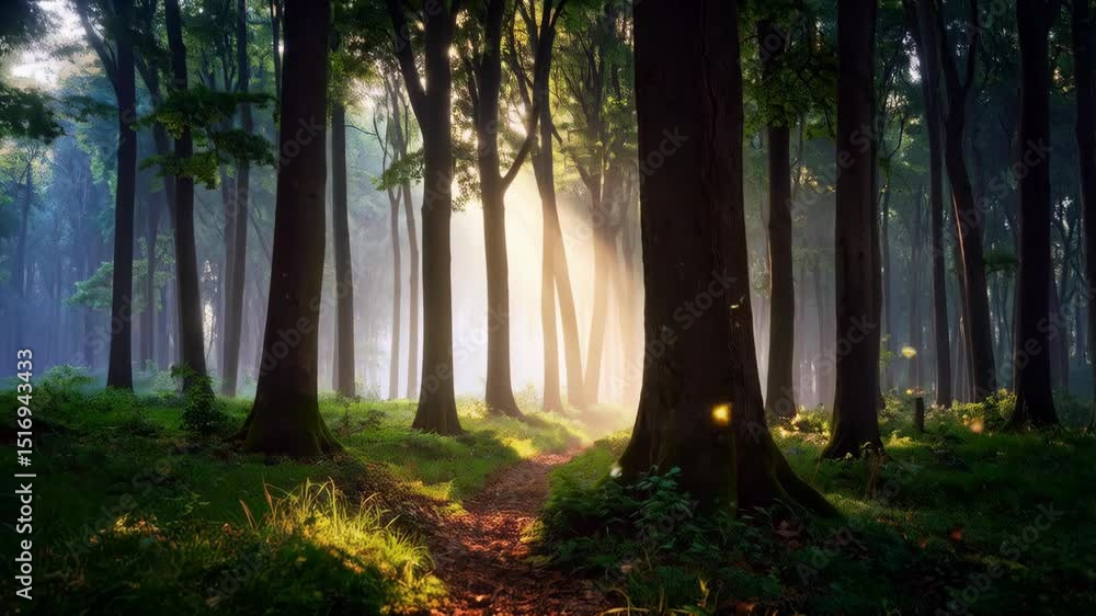 Poster sunlight streams through tall trees, illuminating a winding forest path during the daytime, creating