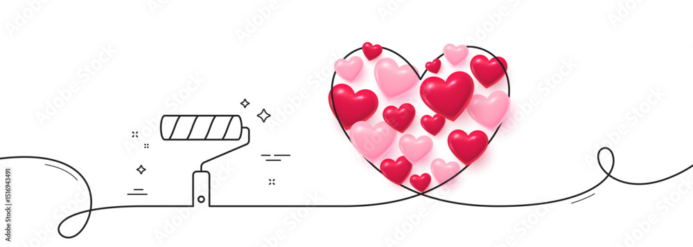 Poster paint roller line icon. continuous line big heart. wall roll brush sign. painter tool symbol. 3d hea
