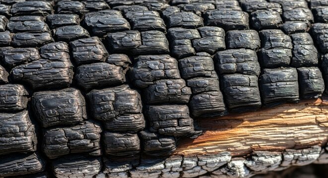 Close-up of charred wooden log with detailed burn patterns - Powered by Adobe