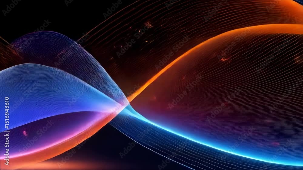 Poster vibrant flowing abstract lines wave in dynamic motion, featuring illuminated orange and blue color g
