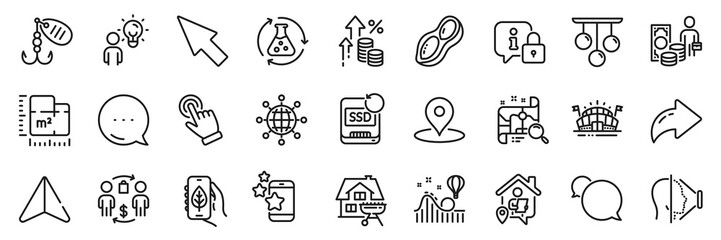 Sports arena, Mouse cursor and Pin line icons pack. Share, Message, Paper plane icons. Ecology app, Cursor, Fishing lure web icon. Peanut, International globe, Face id pictogram. Vector