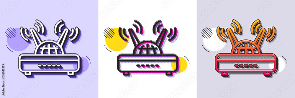 Poster wifi router line icon. halftone dotted pattern. gradient icon with grain shadow. computer component 