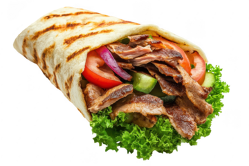 Delicious grilled meat kebab wrap isolated on a transparent background