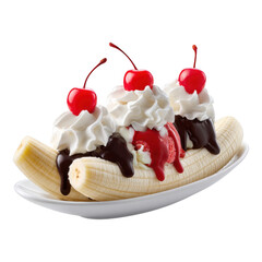 Delicious banana split with chocolate strawberry vanilla ice creams and whipped cream, isolated on transparent background
