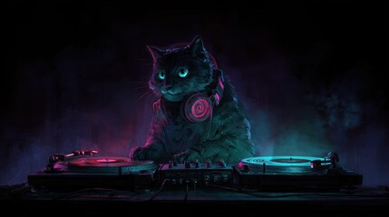 A chic cat DJ wearing headphones, mixing tracks with precision in the club.