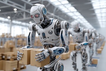 An advanced robotics assembly line featuring humanoid robots efficiently packaging boxes in a state-of-the-art warehouse setting, highlighting modern automation technology.