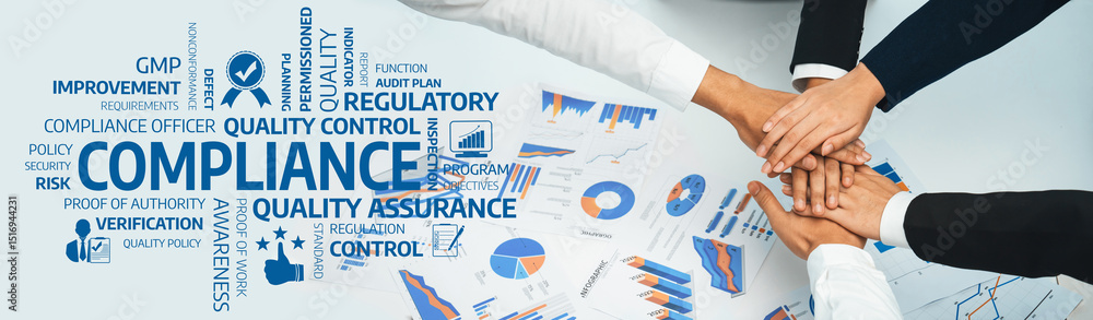 Poster collaborative hands over compliance concept with regulatory charts and quality control keywords in a