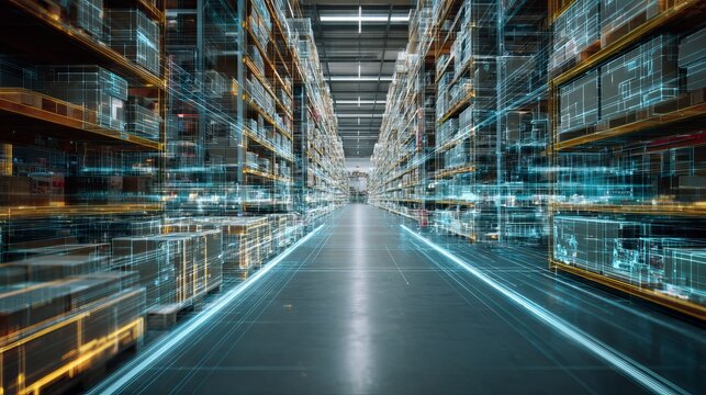 Futuristic Warehouse Interior Digital Visualization Modern Technology Smart Logistics Network Efficient Supply Chain Management Automated Storage System Innovative Design