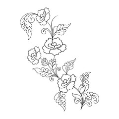 An illustration of a vectors different type of  flowers, traditional and cultural alpona design in continuous line art drawing style.