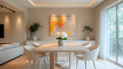 Fototapeta premium Airy Open-Concept Apartment with Warm Neutral Tones, Scandinavian-Inspired Dining Space, and Sleek Kitchen Finishes — Ideal for Architecture Visualization, Design Blogs, and Social Media Features