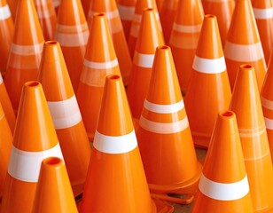 Close-up of many orange traffic cones