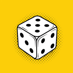 bold dice pop art symbol vector with vibrant yellow background and halftone dot accents