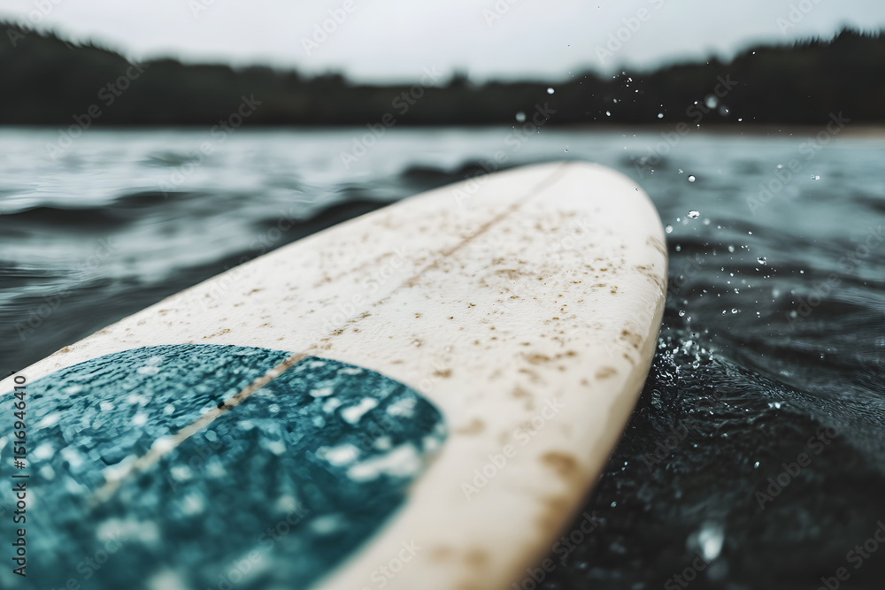 Poster surfboard resting on water surface at calm lake generative ai