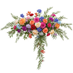 Floral arrangement featuring roses dahlias and greenery on a white background