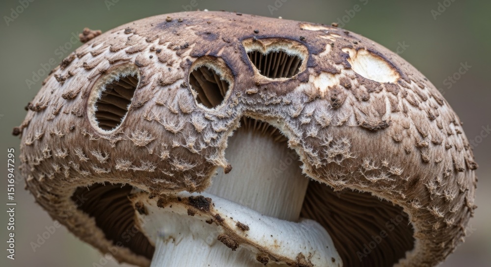 Aufkleber close-up of brown mushroom with unique circular patterns and holes
