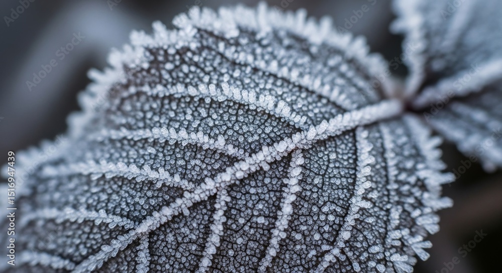 Poster close-up of frost-covered leaf creating intricate winter patterns