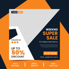 editable super sale social media post, template with discount offer, and shop button