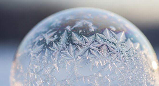 Close-up of frozen soap bubble with intricate ice crystal patterns in winter light