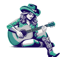 Cowgirl Playing Acoustic Guitar, Country Music Illustration