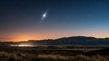 Fototapeta premium Starry Night Desert Landscape With City Lights and Mountains Silhouette