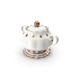 Elegant porcelain sugar bowl with golden accents isolated on transparent background