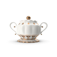 Elegant porcelain sugar bowl with golden accents isolated on transparent background