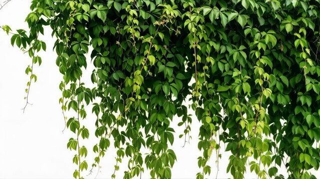 Dense green Virginia creeper vines cascading down a stark white wall, creating a natural, organic texture and pattern against a plain background.