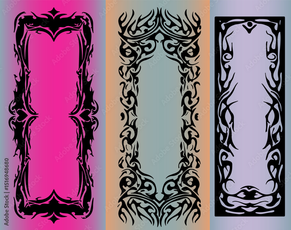 Poster three vector tribal frames on a colorful gradient background. the illustration features bold, sharp 