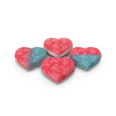 Red and blue heart-shaped gummy candies isolated on transparent background: