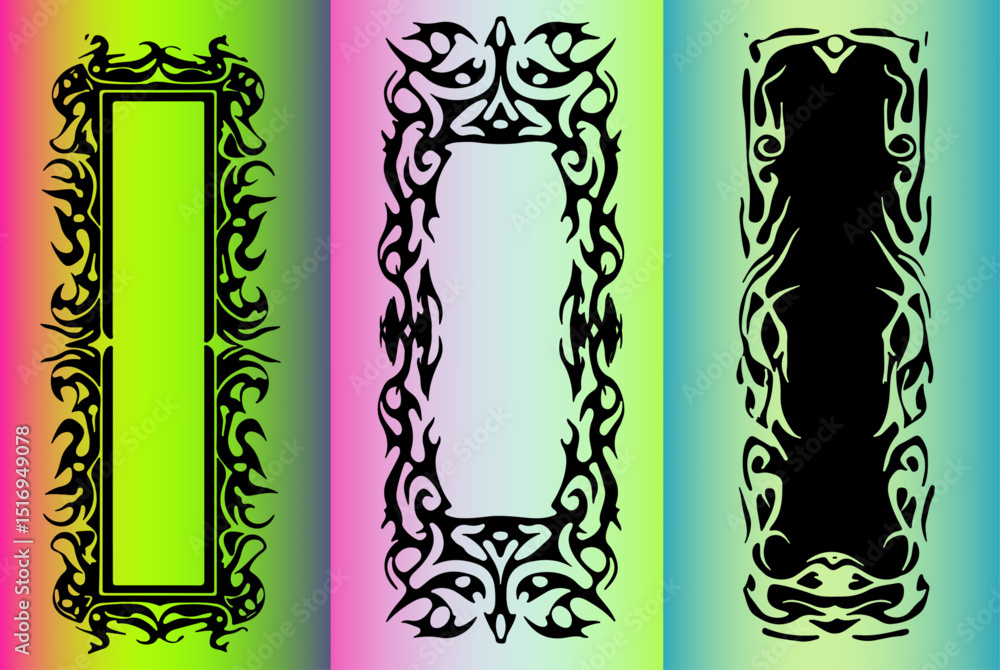Poster three vector tribal frames on a colorful gradient background. the illustration features bold, sharp 