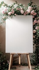 Blank white sign on easel, surrounded by blush pink flowers and greenery