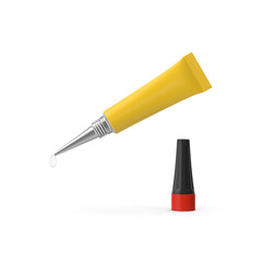 Yellow super glue tube with open nozzle and droplet isolated on transparent background
