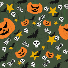 Seamless Halloween pattern with pumpkins, bats and stars on green background