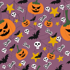 Playful Halloween seamless print with pumpkins, bats and pink background