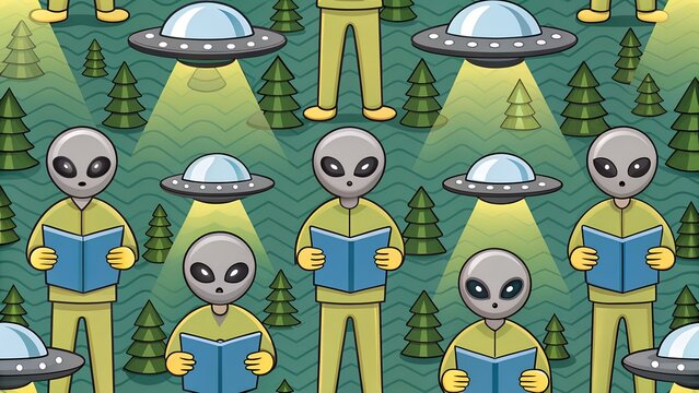 Aliens Reading Books Under UFOs in a Forest