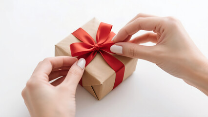 A person tying a bow on a gift box